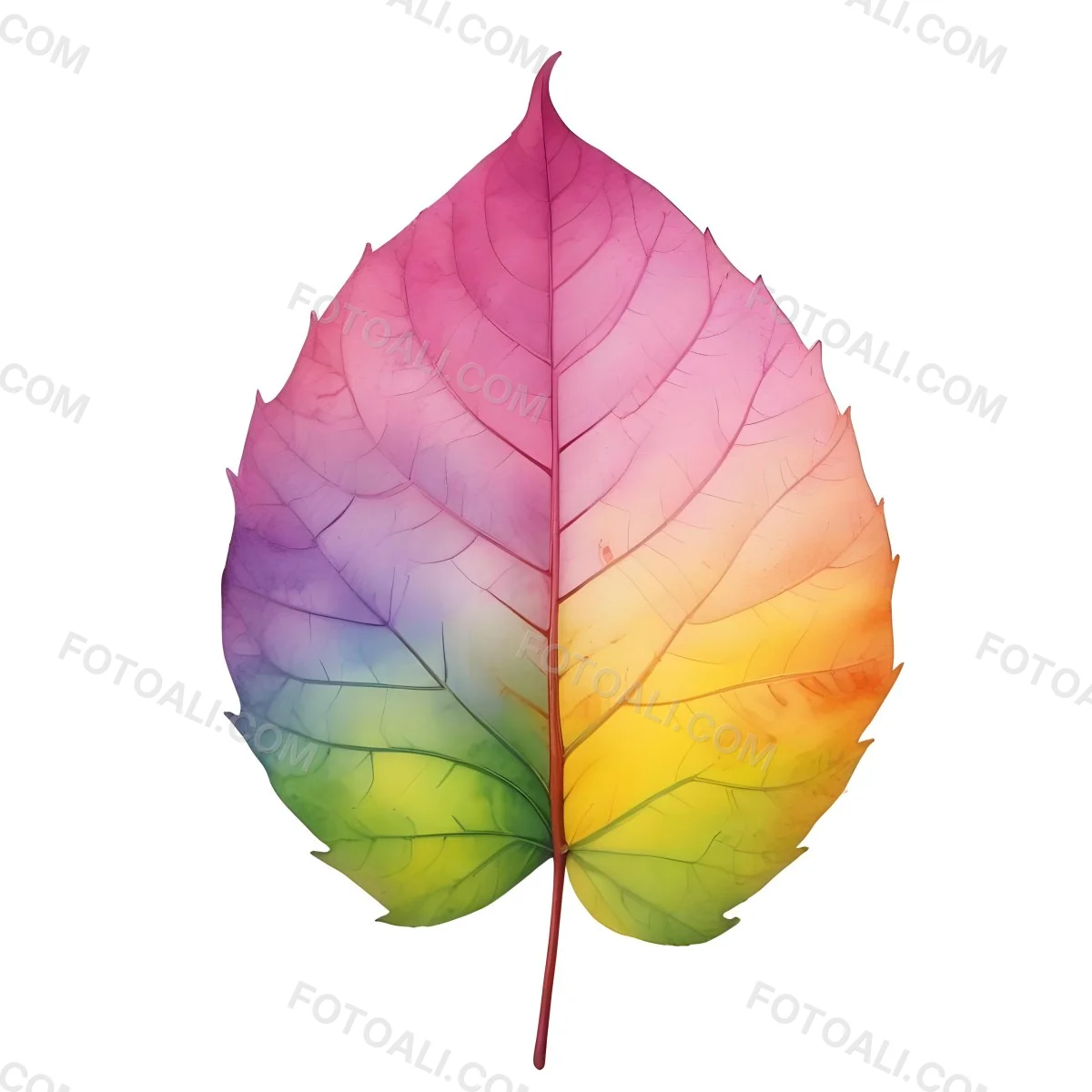 A Leaf With Vibrant Rainbow Colors Transitioning From Pink To Yellow With Detailed Veins Isolated On A Clean White Background Showcasing Its Unique And Colorful Appearance 6 1a57