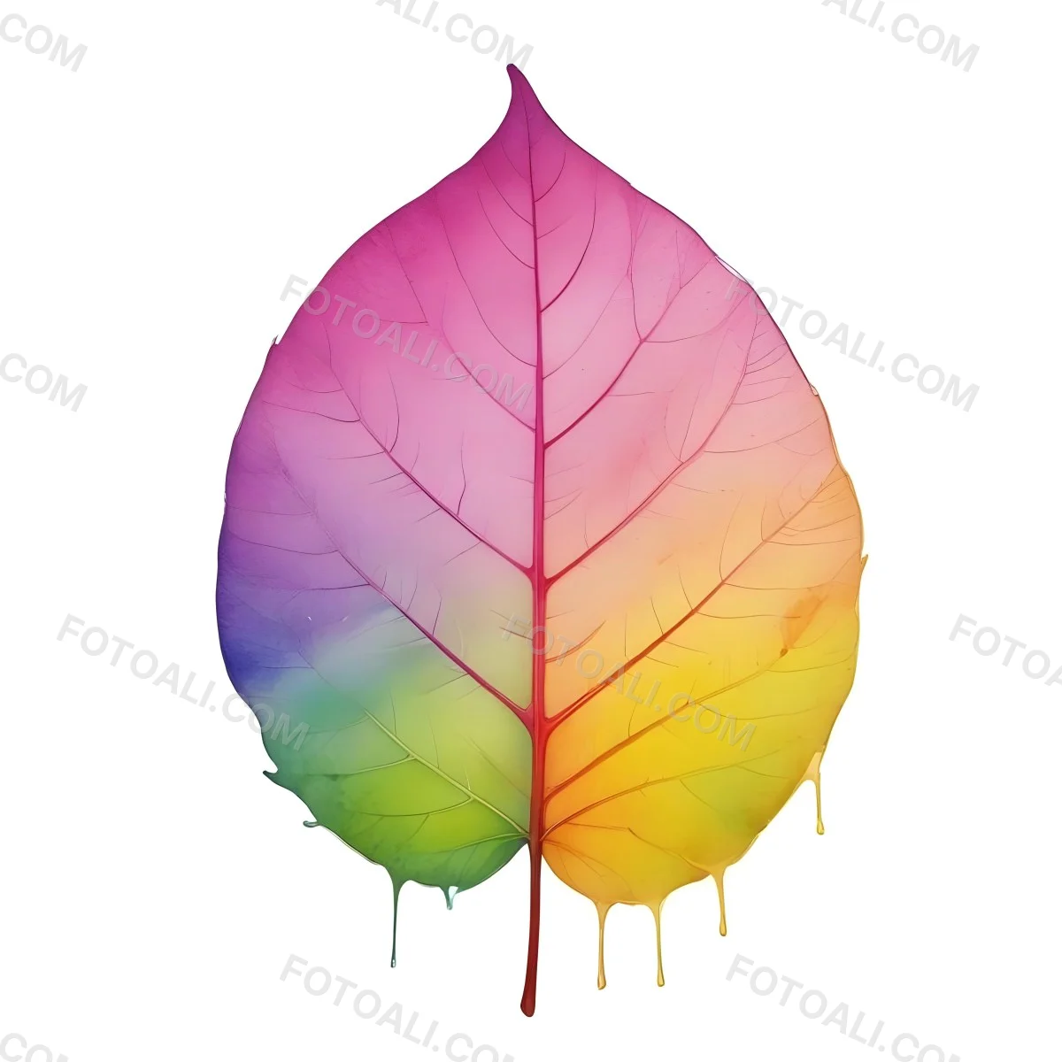 A Leaf With Vibrant Rainbow Colors Transitioning From Pink To Yellow With Detailed Veins Isolated On A Clean White Background Showcasing Its Unique And Colorful Appearance 9 055e