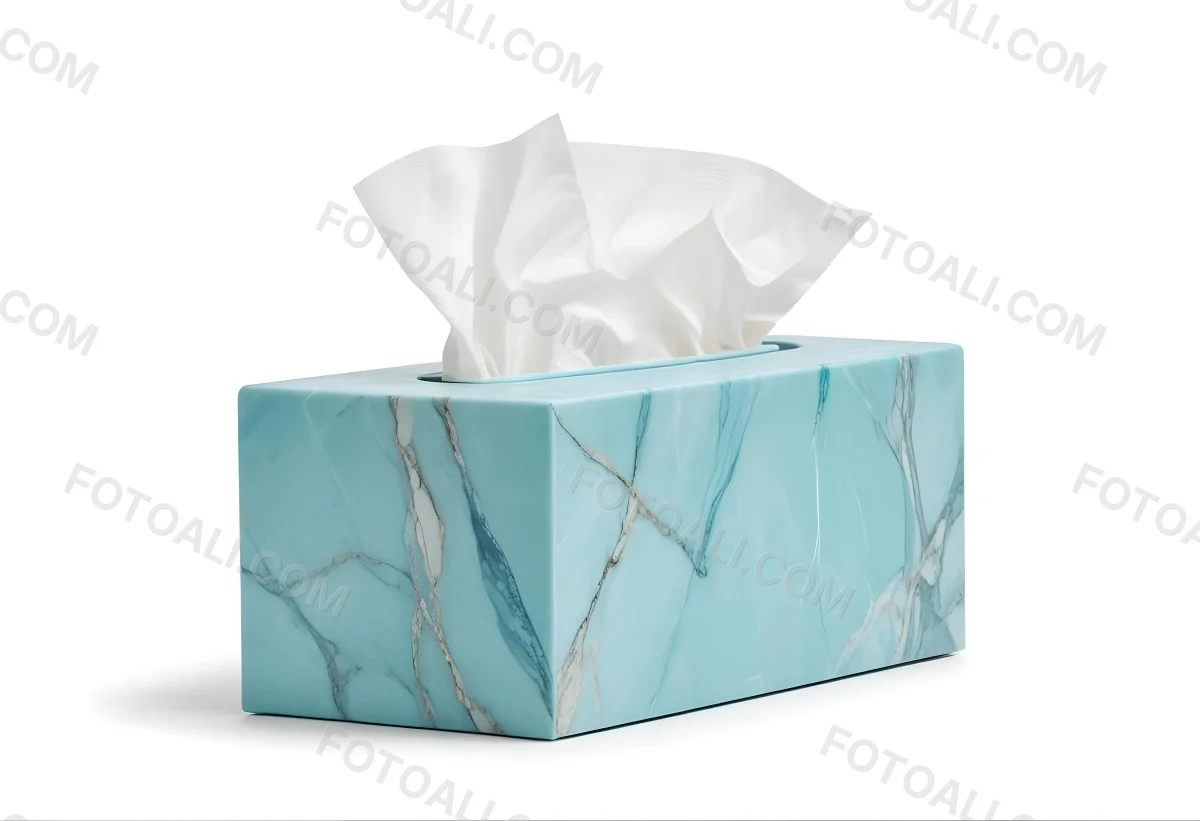 A Light Blue Tissue Box With A Marble Pattern Filled With White Tissues Sitting On A White Surface With A White Background 11 9476