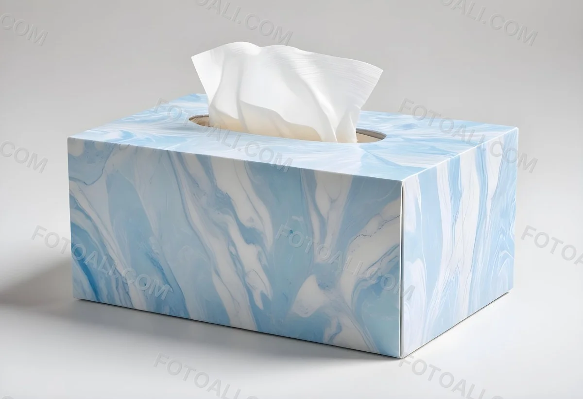 A Light Blue Tissue Box With A Marble Pattern Filled With White Tissues Sitting On A White Surface With A White Background 16 7ee1