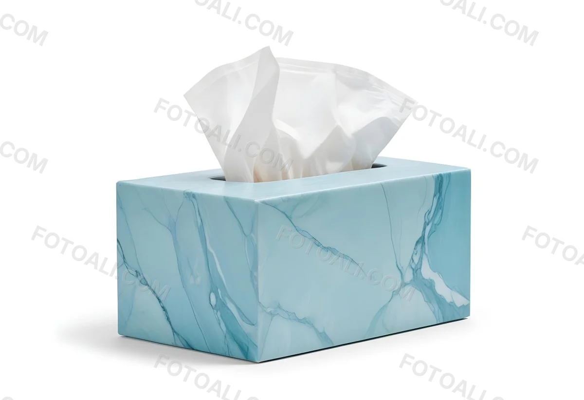 A Light Blue Tissue Box With A Marble Pattern Filled With White Tissues Sitting On A White Surface With A White Background 18 Dc67