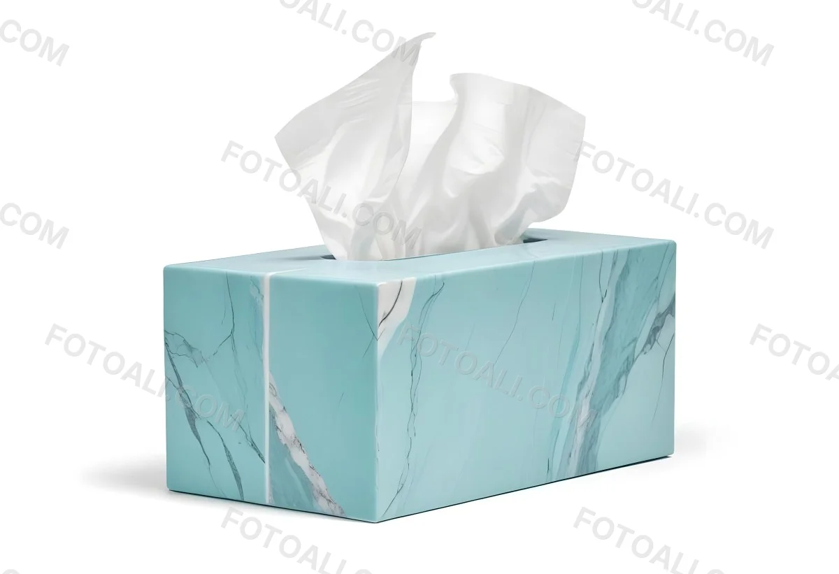 A Light Blue Tissue Box With A Marble Pattern Filled With White Tissues Sitting On A White Surface With A White Background 21 3a3f