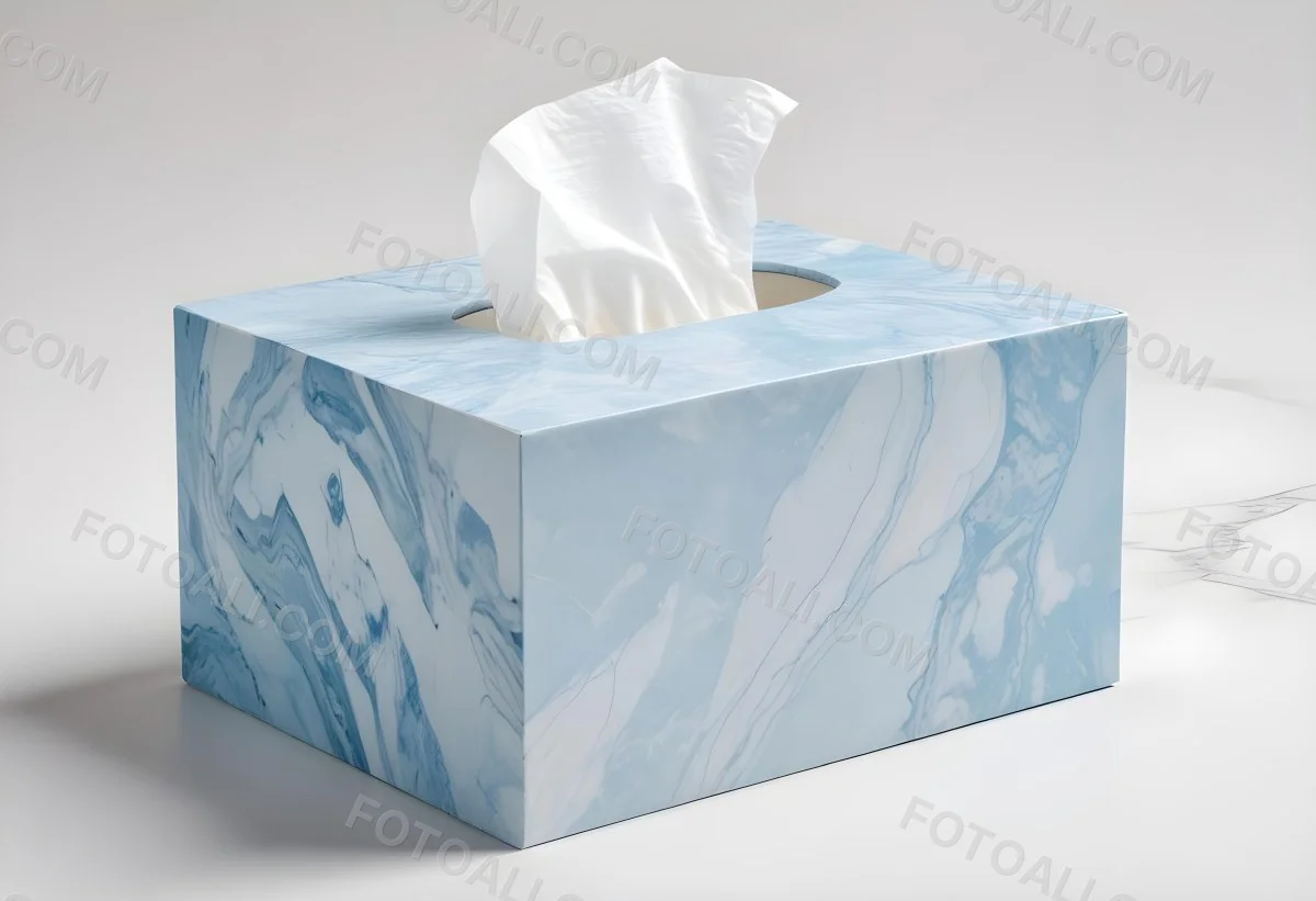 A Light Blue Tissue Box With A Marble Pattern Filled With White Tissues Sitting On A White Surface With A White Background 23 E5e0