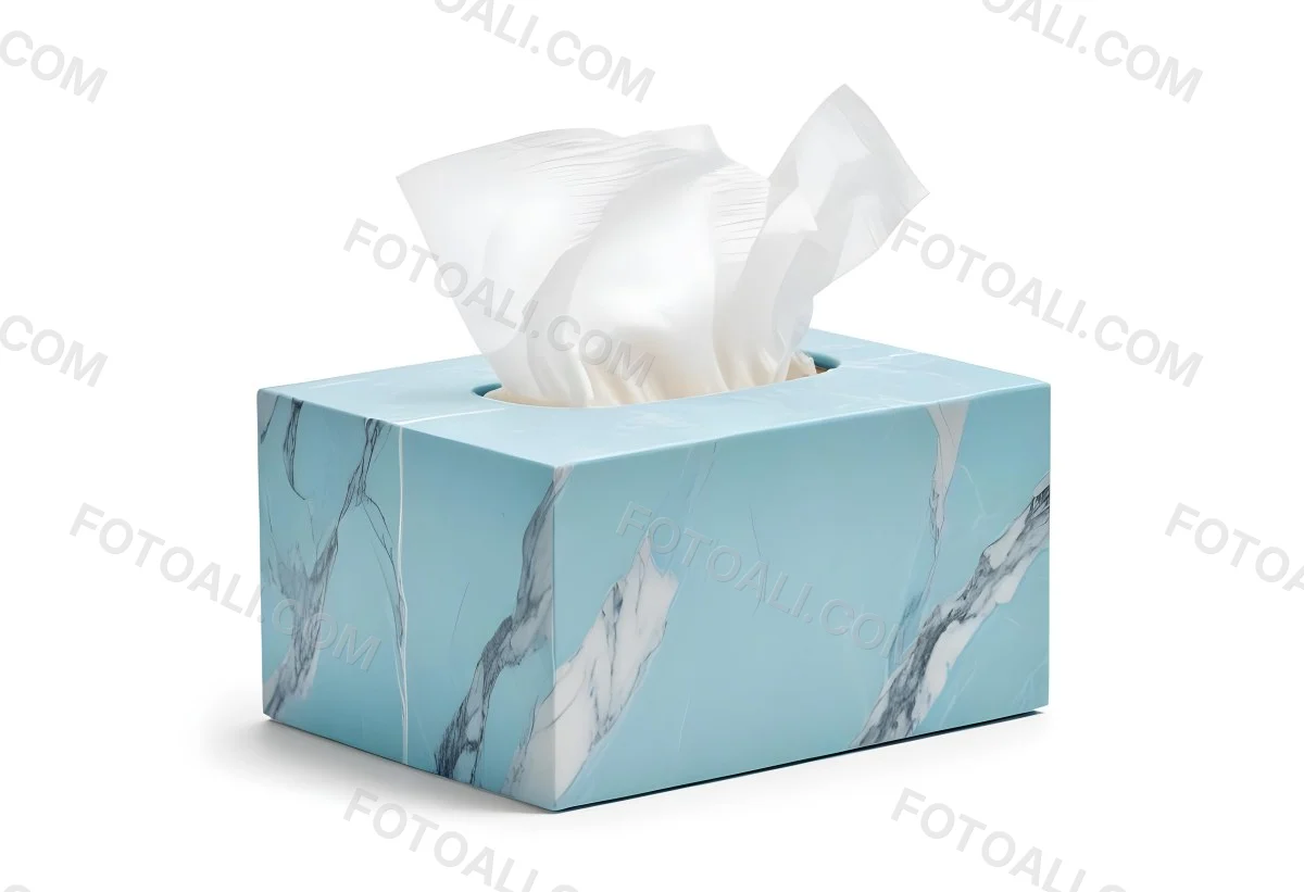 A Light Blue Tissue Box With A Marble Pattern Filled With White Tissues Sitting On A White Surface With A White Background 24 F831