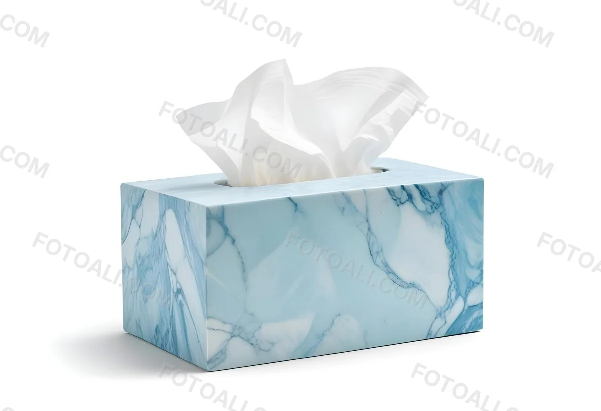 A Light Blue Tissue Box With A Marble Pattern Filled With White Tissues Sitting On A White Surface With A White Background 27 9a04