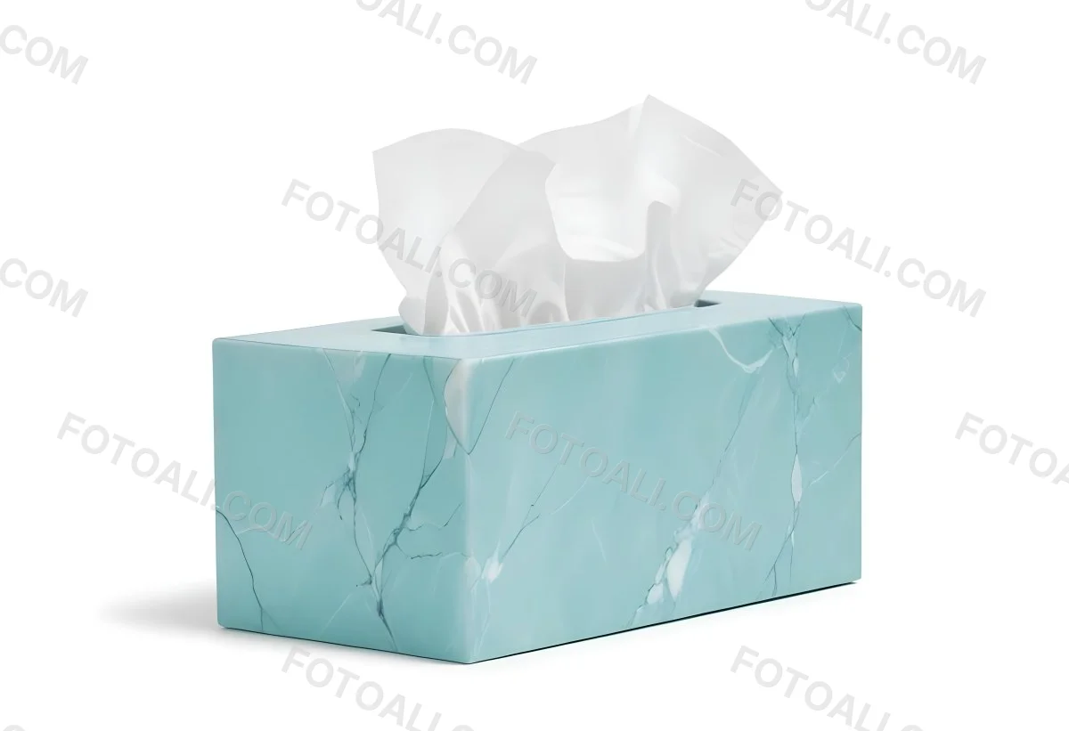 A Light Blue Tissue Box With A Marble Pattern Filled With White Tissues Sitting On A White Surface With A White Background 34 6aa4