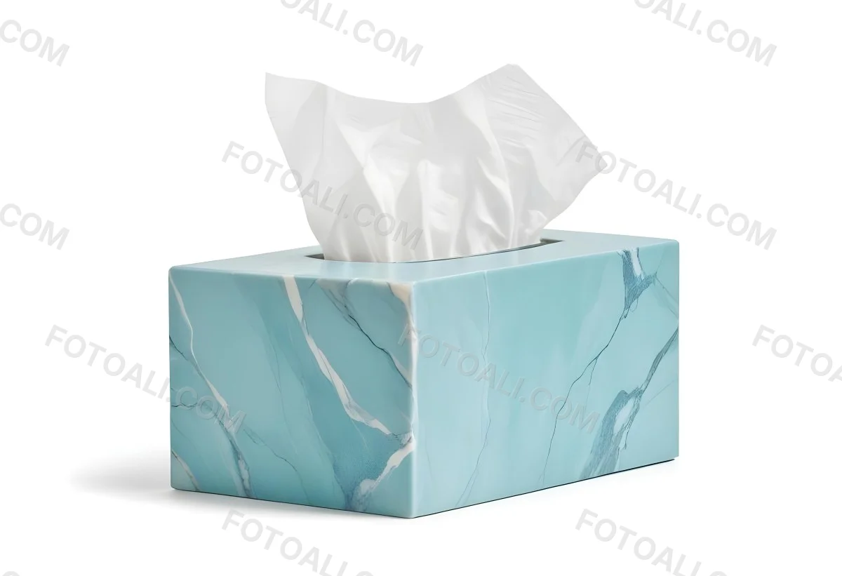 A Light Blue Tissue Box With A Marble Pattern Filled With White Tissues Sitting On A White Surface With A White Background 36 7e54