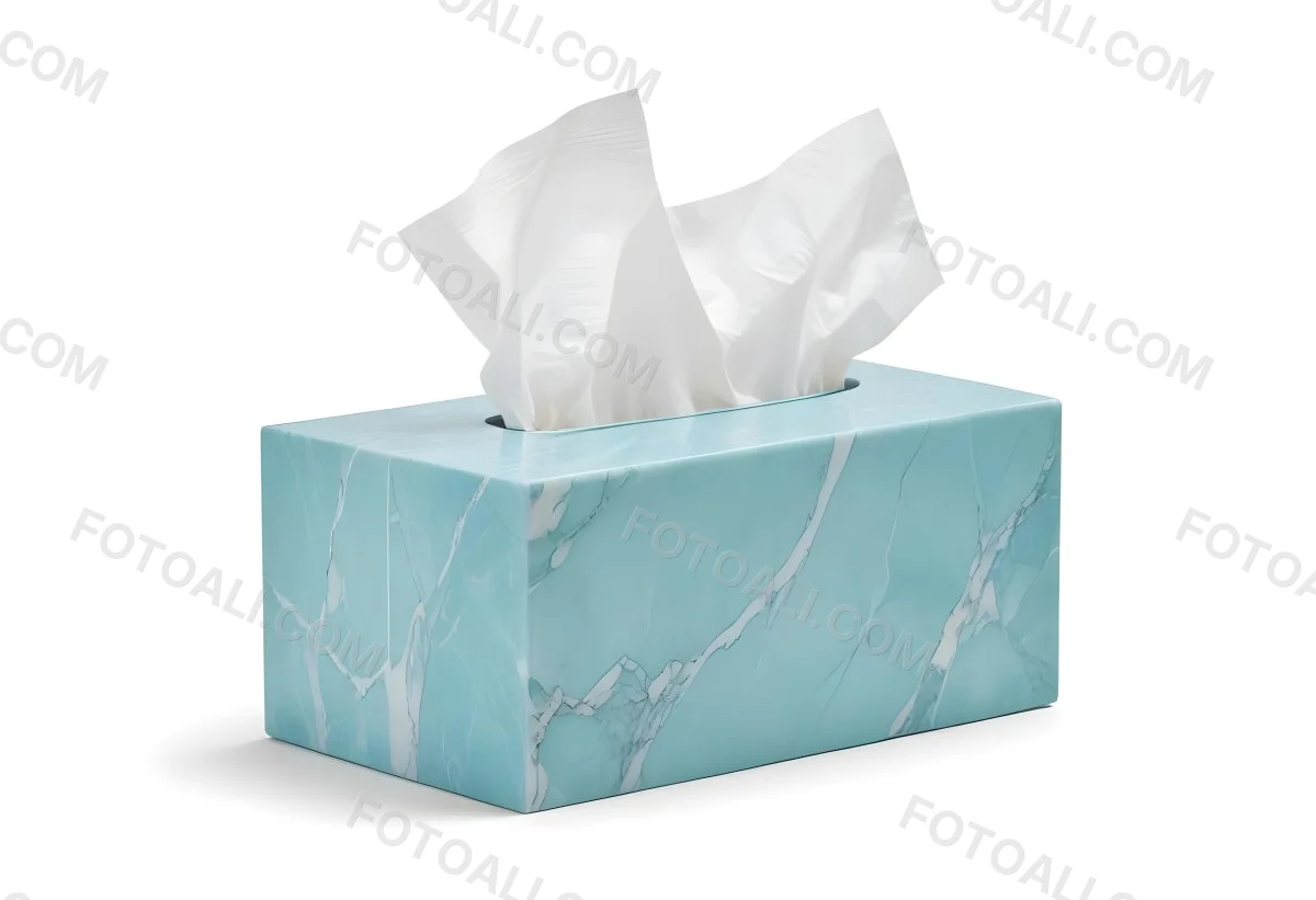 A Light Blue Tissue Box With A Marble Pattern Filled With White Tissues Sitting On A White Surface With A White Background 37 83a1