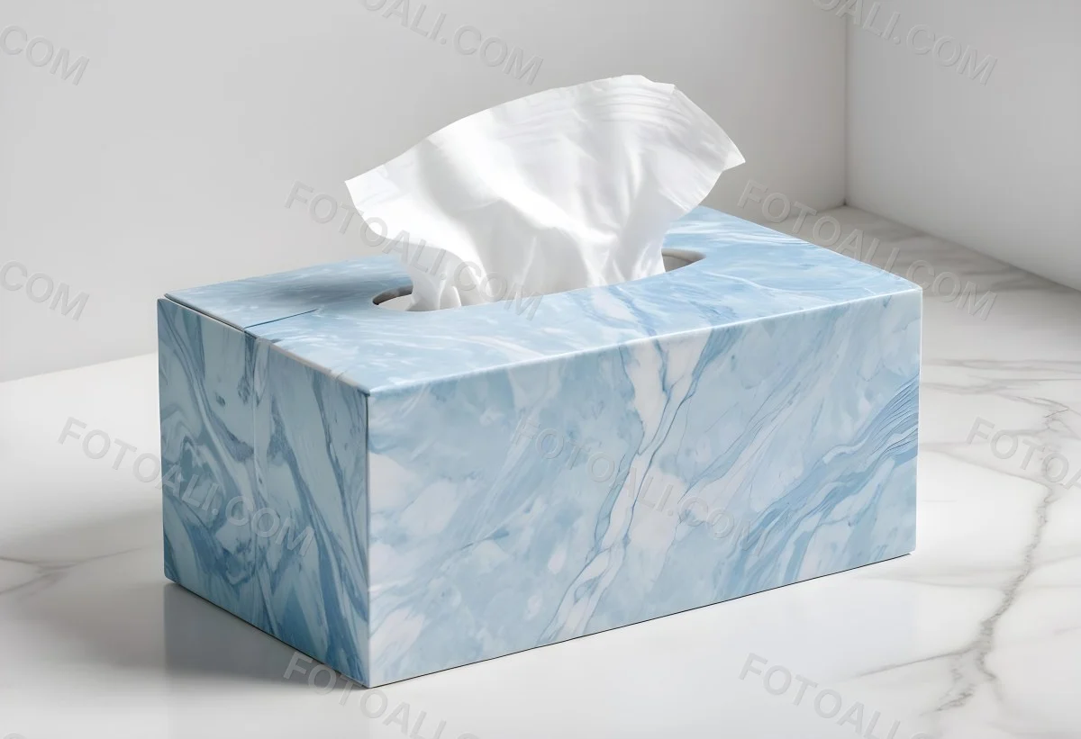 A Light Blue Tissue Box With A Marble Pattern Filled With White Tissues Sitting On A White Surface With A White Background 6 3b21