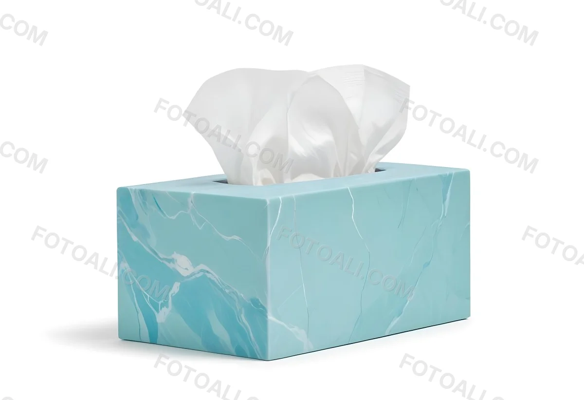 A Light Blue Tissue Box With A Marble Pattern Filled With White Tissues Sitting On A White Surface With A White Background 7 41a8