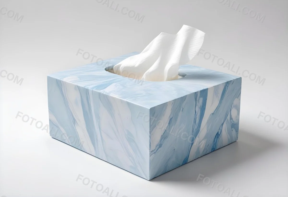 A Light Blue Tissue Box With A Marble Pattern Filled With White Tissues Sitting On A White Surface With A White Background 8 C8f5