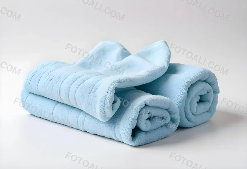 A Light Blue Towel Terrycloth Texture Folded And Crumpled Soft And Absorbent For Drying Or Cleaning On A White Background 5 Be57
