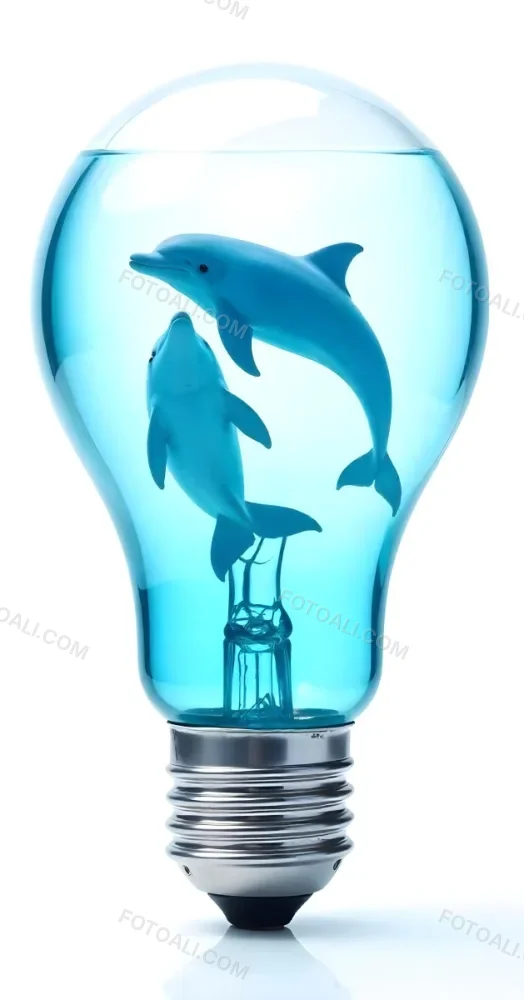A Light Bulb Filled With Water And Dolphins Swimming Inside The Background Is Plain White The Light Bulb Base Is Silver 1 9792