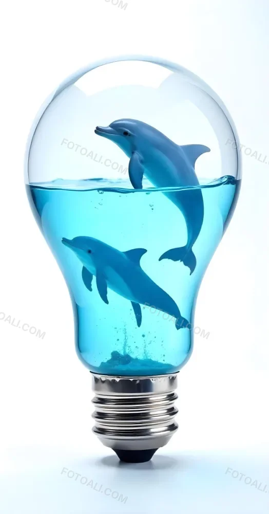 A Light Bulb Filled With Water And Dolphins Swimming Inside The Background Is Plain White The Light Bulb Base Is Silver 10 735f
