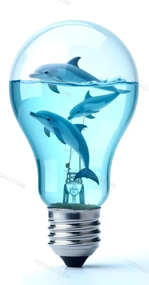 A Light Bulb Filled With Water And Dolphins Swimming Inside The Background Is Plain White The Light Bulb Base Is Silver 11 Fe20
