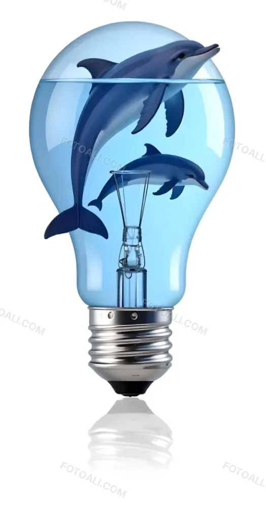A Light Bulb Filled With Water And Dolphins Swimming Inside The Background Is Plain White The Light Bulb Base Is Silver 13 F147