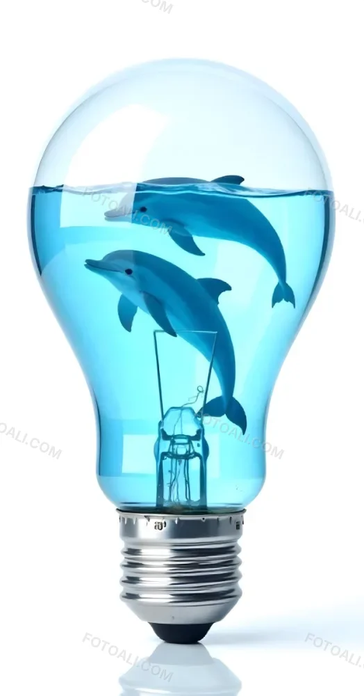 A Light Bulb Filled With Water And Dolphins Swimming Inside The Background Is Plain White The Light Bulb Base Is Silver 14 D595