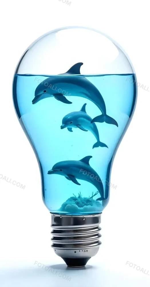 A Light Bulb Filled With Water And Dolphins Swimming Inside The Background Is Plain White The Light Bulb Base Is Silver 15 Ff9c
