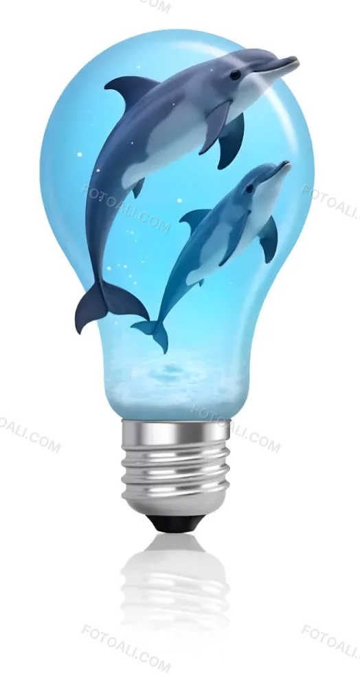 A Light Bulb Filled With Water And Dolphins Swimming Inside The Background Is Plain White The Light Bulb Base Is Silver 16 D291