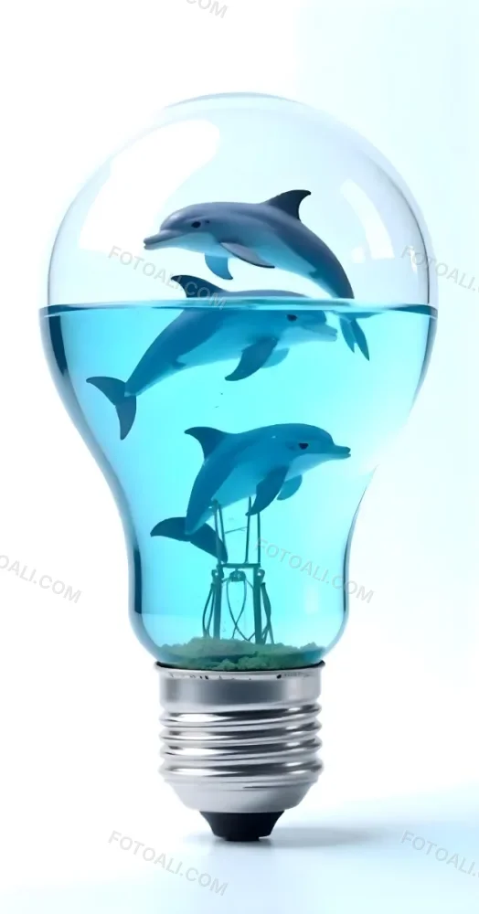 A Light Bulb Filled With Water And Dolphins Swimming Inside The Background Is Plain White The Light Bulb Base Is Silver 17 E5f4