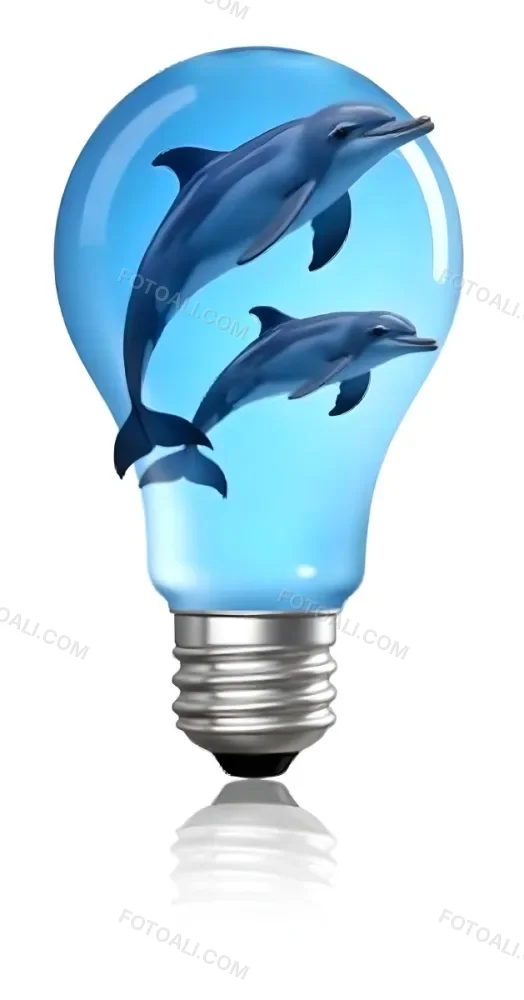 A Light Bulb Filled With Water And Dolphins Swimming Inside The Background Is Plain White The Light Bulb Base Is Silver 18 18ab
