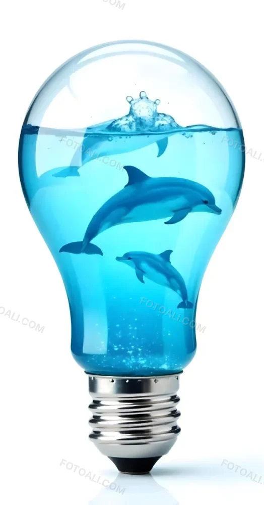 A Light Bulb Filled With Water And Dolphins Swimming Inside The Background Is Plain White The Light Bulb Base Is Silver 2 D286