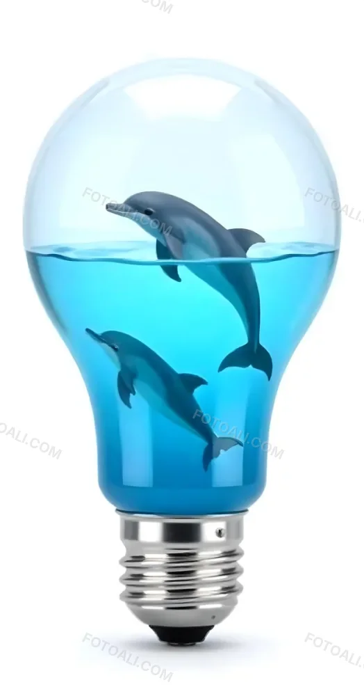 A Light Bulb Filled With Water And Dolphins Swimming Inside The Background Is Plain White The Light Bulb Base Is Silver 21 Eb08