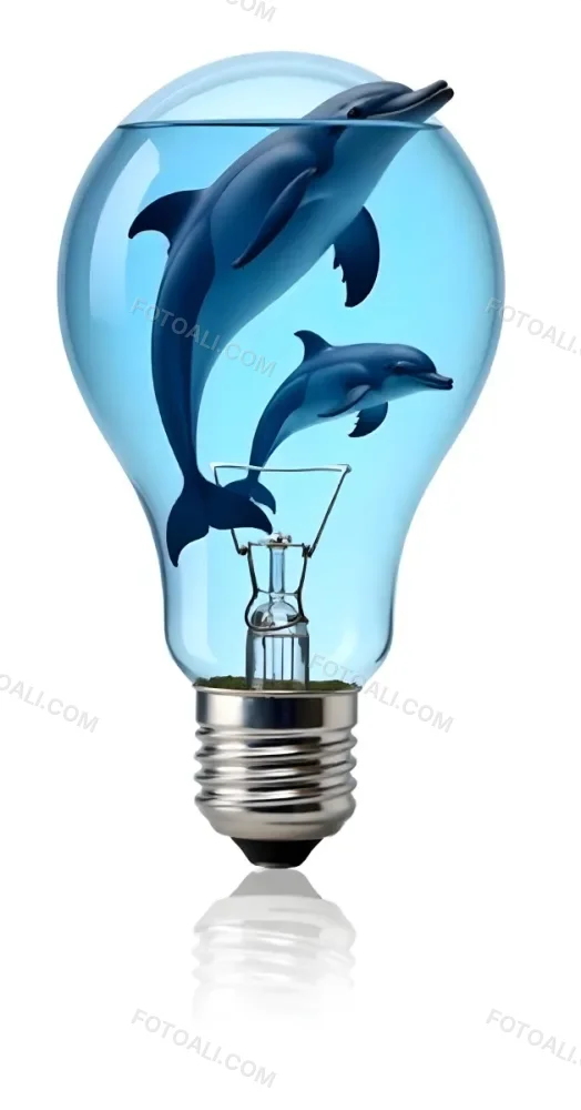 A Light Bulb Filled With Water And Dolphins Swimming Inside The Background Is Plain White The Light Bulb Base Is Silver 22 8ed3