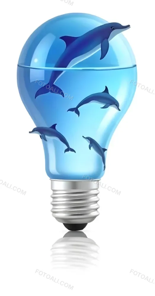 A Light Bulb Filled With Water And Dolphins Swimming Inside The Background Is Plain White The Light Bulb Base Is Silver 24 8cd2