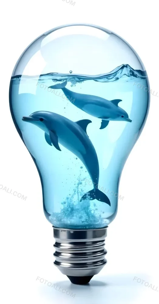 A Light Bulb Filled With Water And Dolphins Swimming Inside The Background Is Plain White The Light Bulb Base Is Silver 3 3ed3