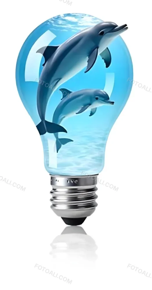 A Light Bulb Filled With Water And Dolphins Swimming Inside The Background Is Plain White The Light Bulb Base Is Silver 4 Fc88