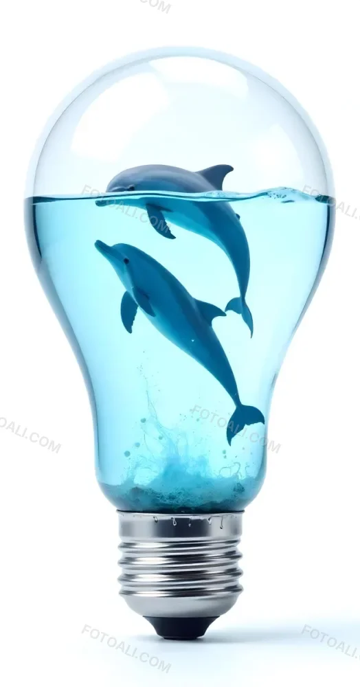 A Light Bulb Filled With Water And Dolphins Swimming Inside The Background Is Plain White The Light Bulb Base Is Silver 5 84f7