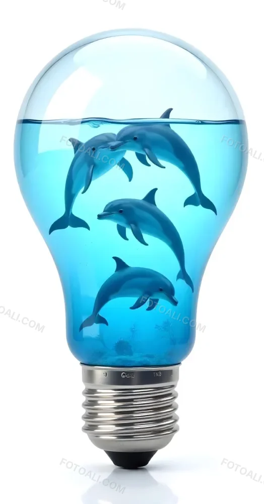A Light Bulb Filled With Water And Dolphins Swimming Inside The Background Is Plain White The Light Bulb Base Is Silver 6 A3f9