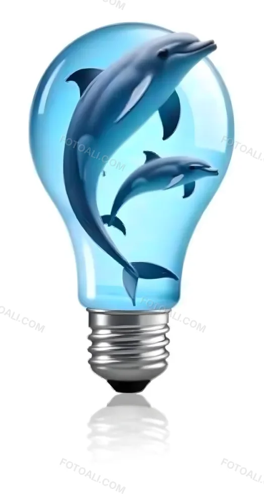 A Light Bulb Filled With Water And Dolphins Swimming Inside The Background Is Plain White The Light Bulb Base Is Silver 8 E336