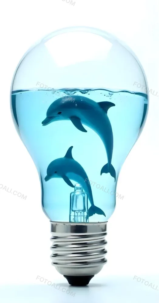 A Light Bulb Filled With Water And Dolphins Swimming Inside The Background Is Plain White The Light Bulb Base Is Silver 9 Bf86