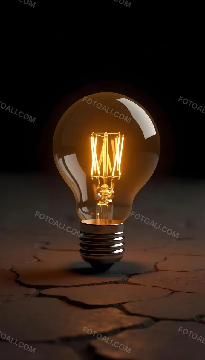 A Light Bulb Laying On The Ground The Ground Is Dry And Cracked The Background Is Black 7 E23a