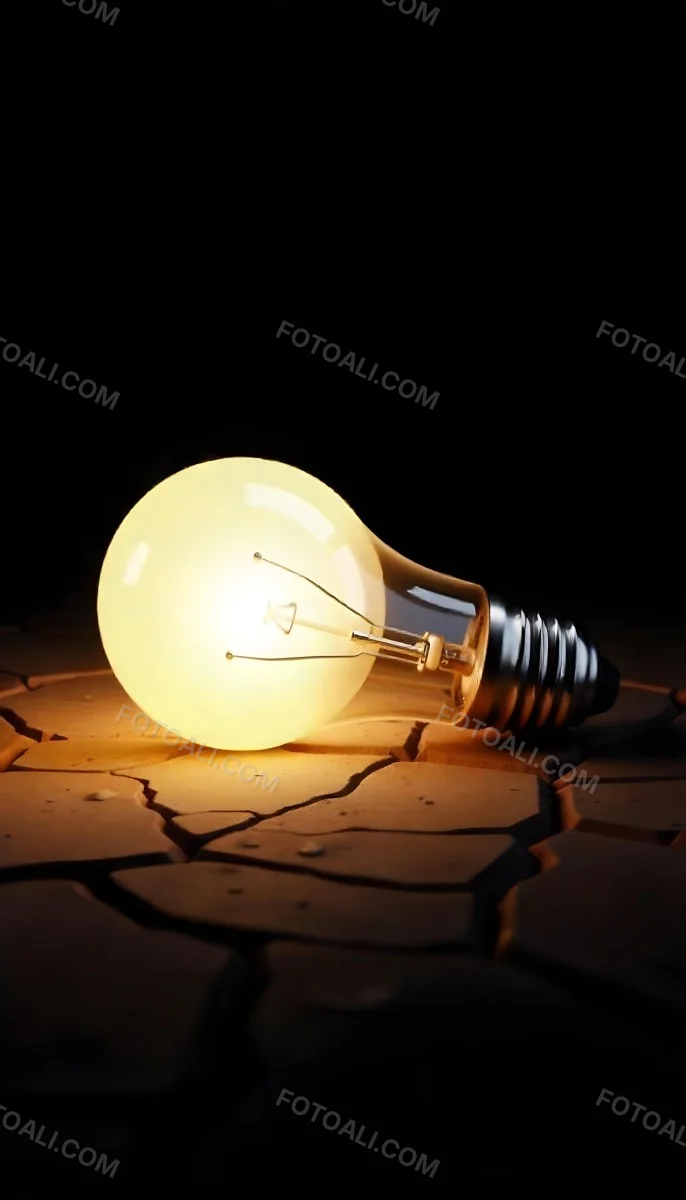 A Light Bulb Laying On The Ground The Ground Is Dry And Cracked The Background Is Black 8 593b