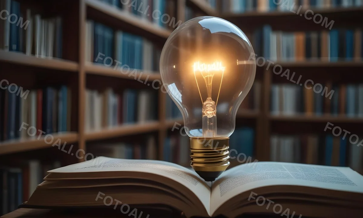 A Light Bulb On Top Of An Open Book Library In The Background With Many Books On The Shelves Warm Light Knowledge Concept 11 Cf6a