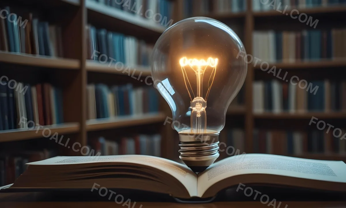 A Light Bulb On Top Of An Open Book Library In The Background With Many Books On The Shelves Warm Light Knowledge Concept 12 9ba3