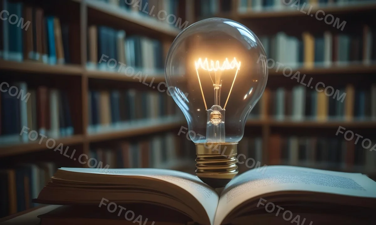 A Light Bulb On Top Of An Open Book Library In The Background With Many Books On The Shelves Warm Light Knowledge Concept 15 B7e3