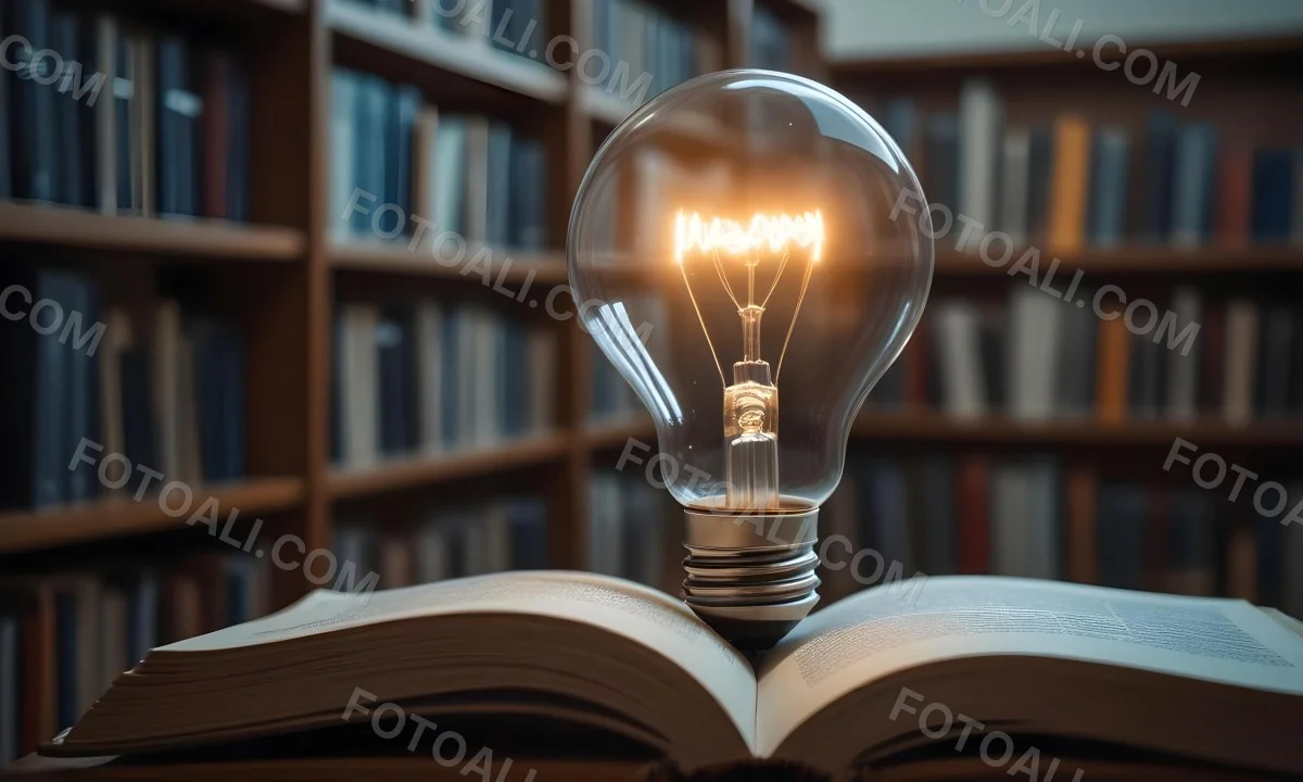 A Light Bulb On Top Of An Open Book Library In The Background With Many Books On The Shelves Warm Light Knowledge Concept 25 C12e