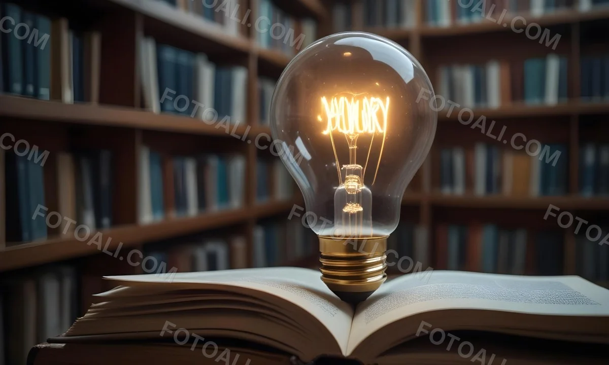 A Light Bulb On Top Of An Open Book Library In The Background With Many Books On The Shelves Warm Light Knowledge Concept 27 Bafe