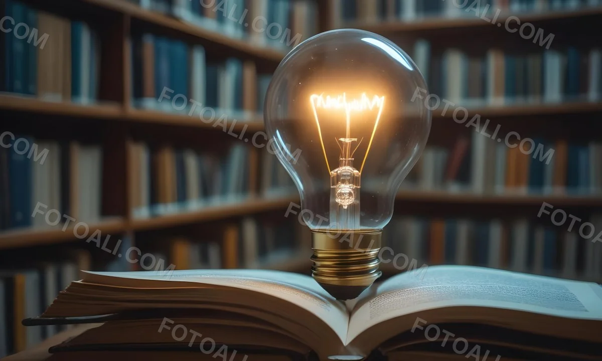 A Light Bulb On Top Of An Open Book Library In The Background With Many Books On The Shelves Warm Light Knowledge Concept 28 5151