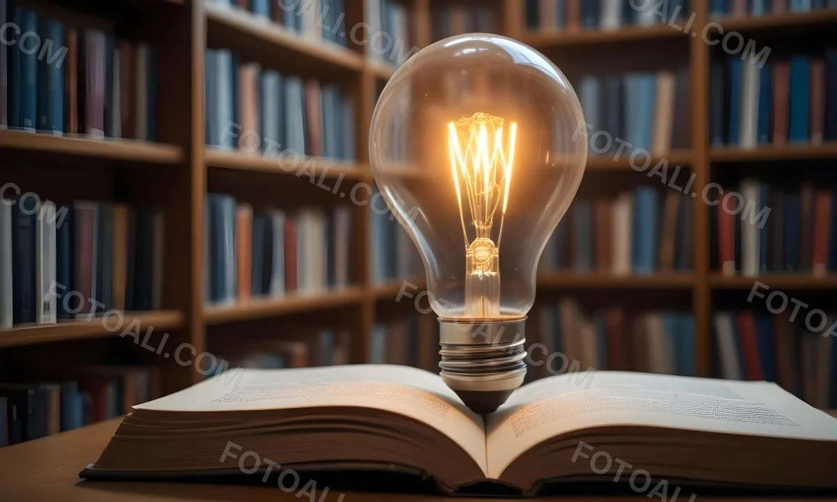A Light Bulb On Top Of An Open Book Library In The Background With Many Books On The Shelves Warm Light Knowledge Concept 29 25a2