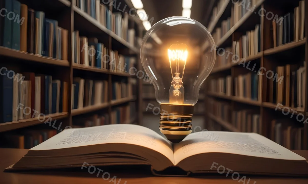 A Light Bulb On Top Of An Open Book Library In The Background With Many Books On The Shelves Warm Light Knowledge Concept 3 5921