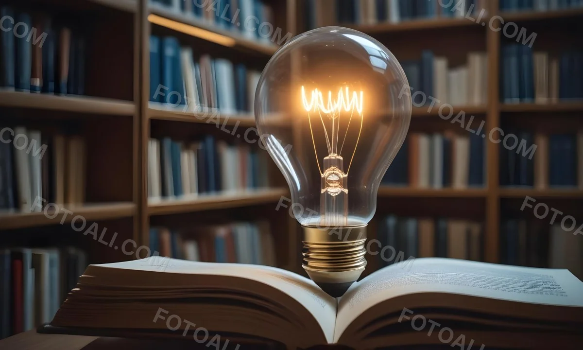 A Light Bulb On Top Of An Open Book Library In The Background With Many Books On The Shelves Warm Light Knowledge Concept 30 215f