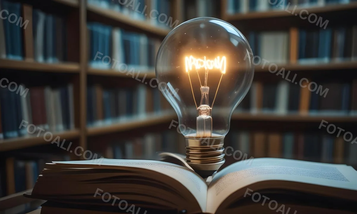 A Light Bulb On Top Of An Open Book Library In The Background With Many Books On The Shelves Warm Light Knowledge Concept 31 5287