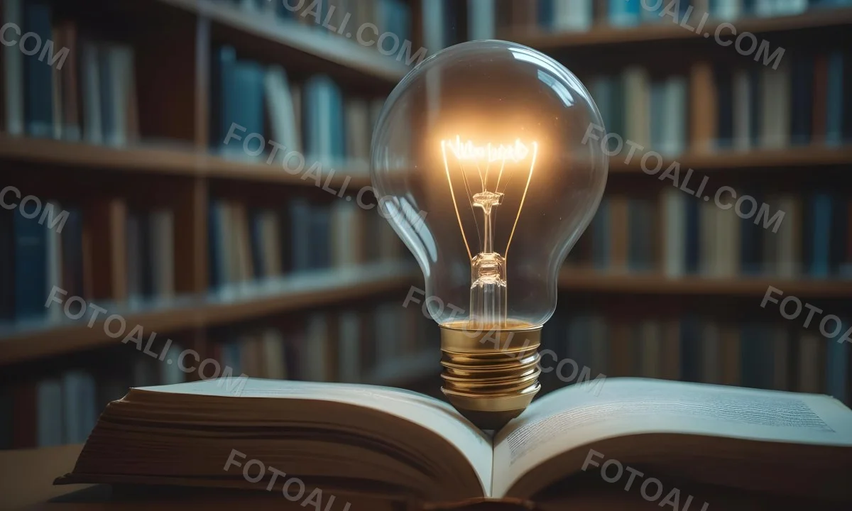 A Light Bulb On Top Of An Open Book Library In The Background With Many Books On The Shelves Warm Light Knowledge Concept 33 0ad5