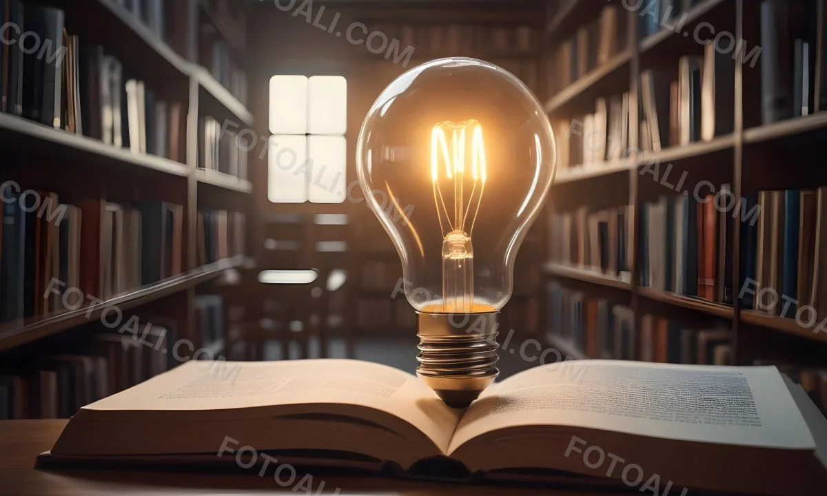 A Light Bulb On Top Of An Open Book Library In The Background With Many Books On The Shelves Warm Light Knowledge Concept 4 7a4e