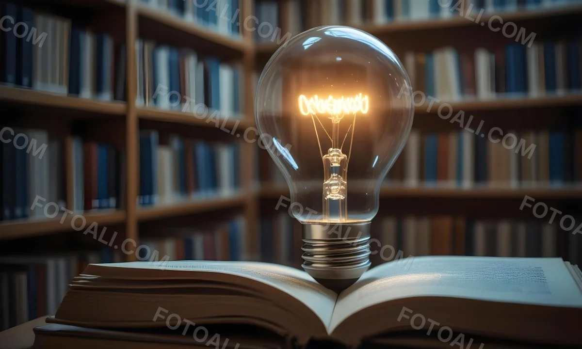 A Light Bulb On Top Of An Open Book Library In The Background With Many Books On The Shelves Warm Light Knowledge Concept 5 337e